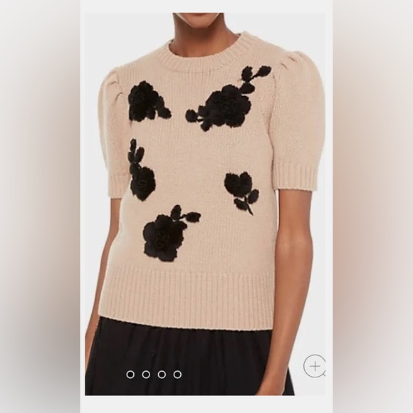 Kate Spade Knit Sweater, Crewneck Puff Shoulder Rib Trim Tan Black XS, NWOT - Picture 1 of 5